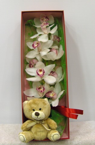 orchids and love teddy bear flowers in a box